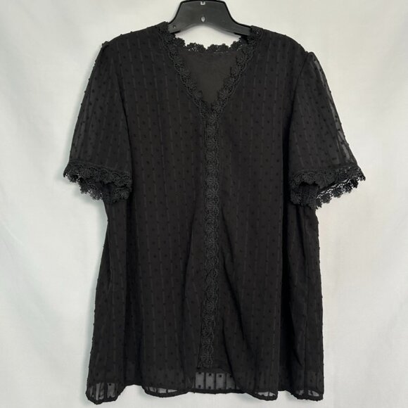 Tops - Black Lace‎ Trim Top with Textured Polka Dot Design - Size XL